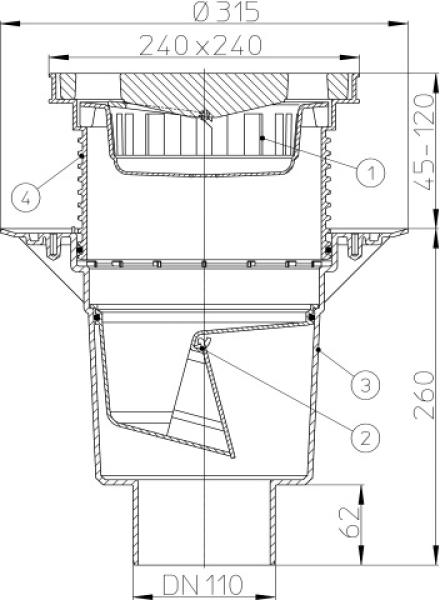 Perfektablauf DN110 senkrecht mit Bitumenmanschette und frostsicherer Geruchsklappe, 240x240mm / Kunststoffrost 226x226mm  HL616HL/1
